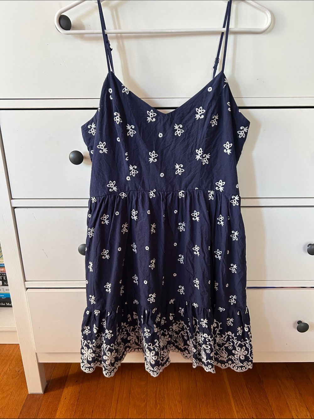 Blue Rain Navy and White Embroidered Spaghetti-Strap Dress